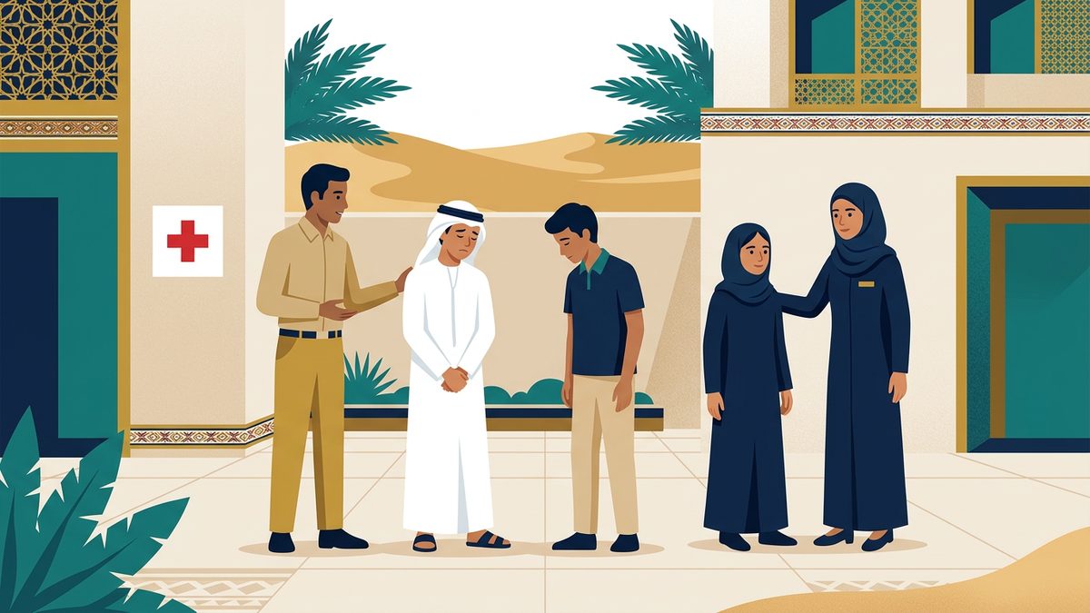 رسم توضيحي بهوية إماراتية لموقف: الاعتداء الجسدي المؤدي إلى إصابة