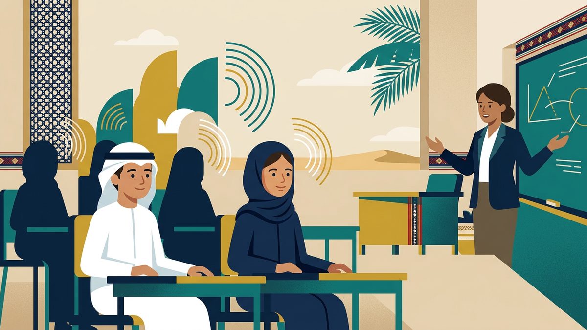 رسم توضيحي بهوية إماراتية لموقف: الهدوء والانضباط داخل الصف