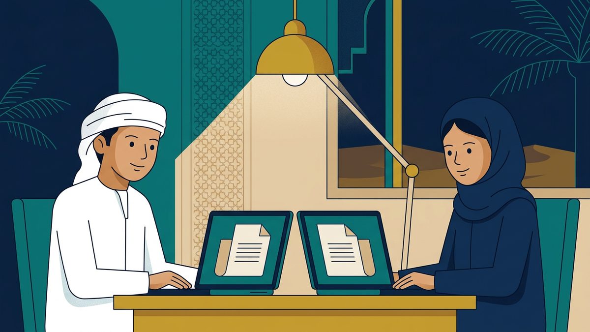 رسم توضيحي بهوية إماراتية لموقف: نسخ الواجبات والتقارير ونسبتها لنفسك