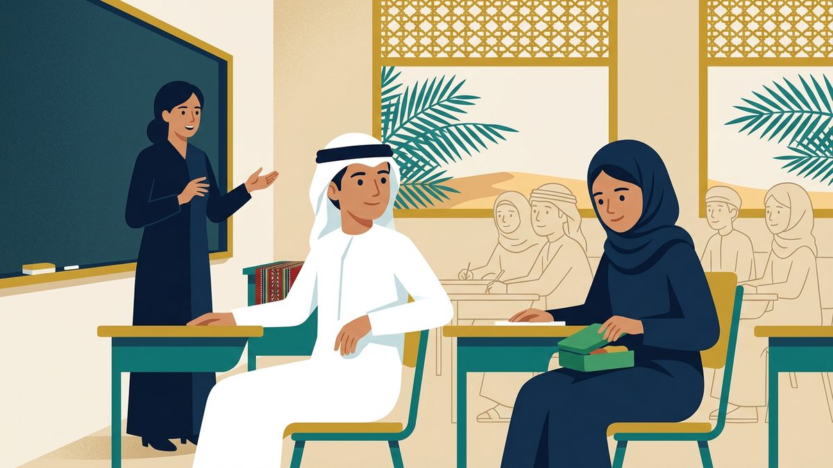 رسم توضيحي بهوية إماراتية لموقف: تناول الطعام أثناء الحصة