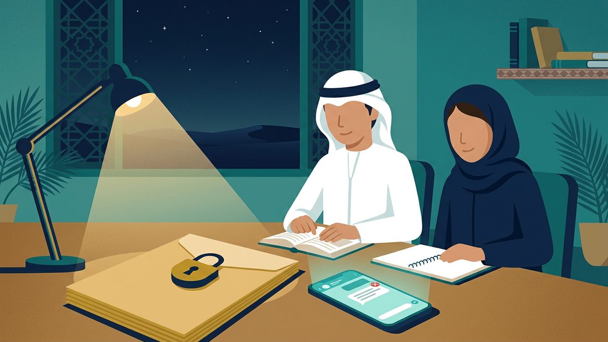 رسم توضيحي بهوية إماراتية لموقف: تسريب أسئلة الامتحانات