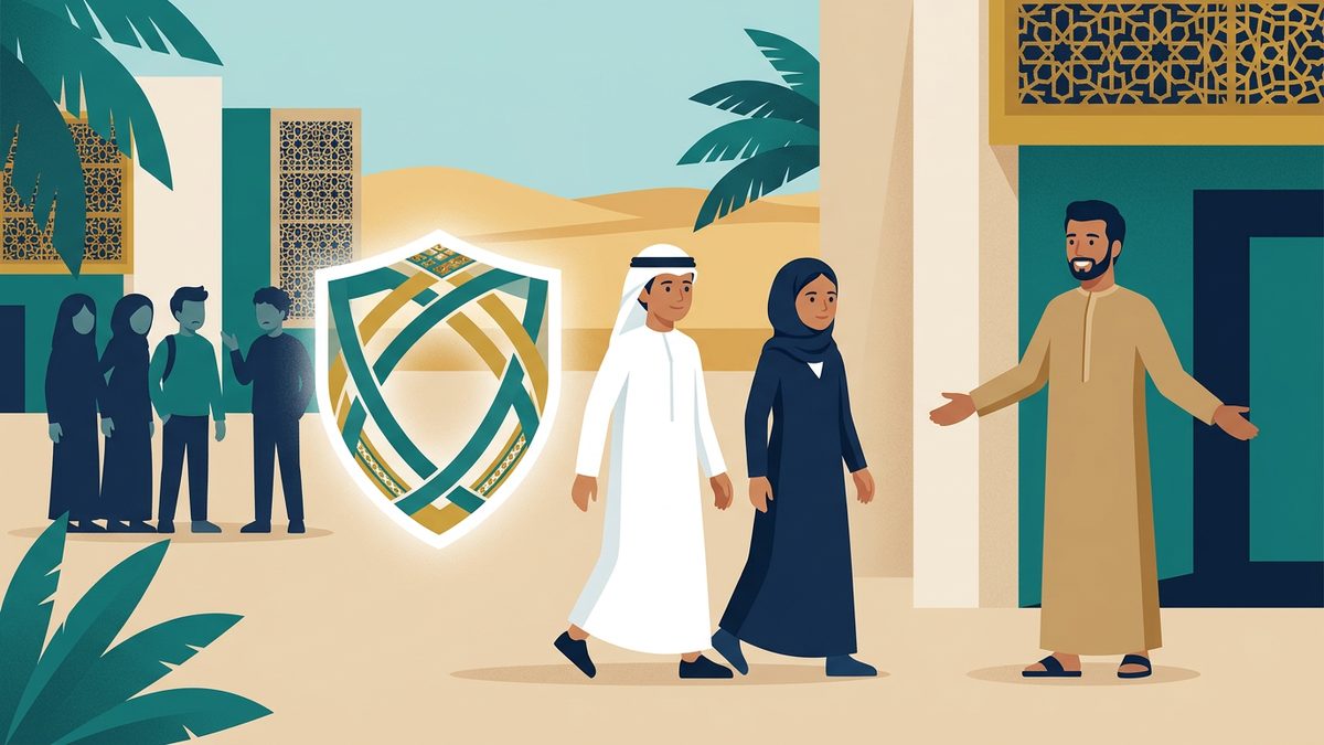 رسم توضيحي بهوية إماراتية لموقف: التحرش: كيف تحمي نفسك وتبلغ