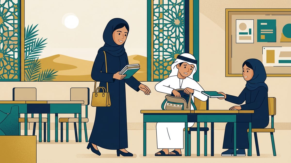 رسم توضيحي بهوية إماراتية لموقف: تسليم الواجبات في وقتها