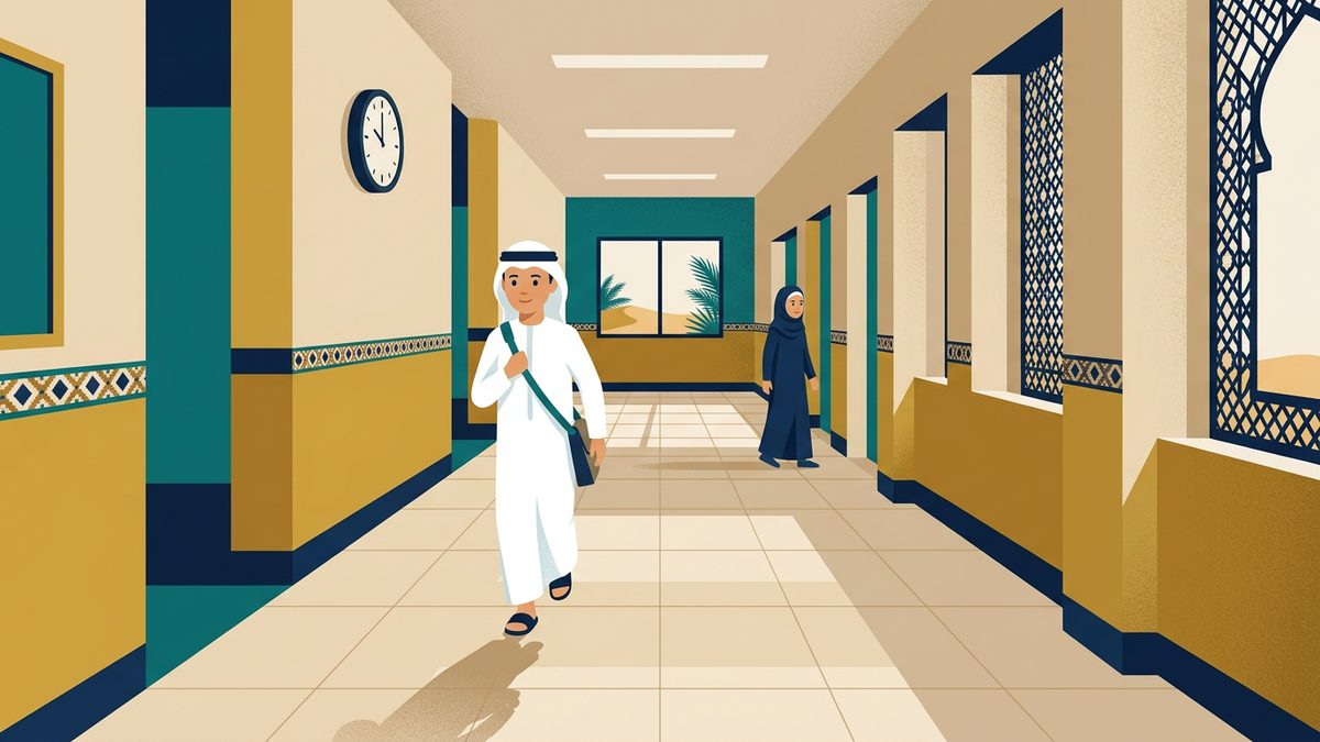 رسم توضيحي بهوية إماراتية لموقف: التأخر عن بداية اليوم الدراسي