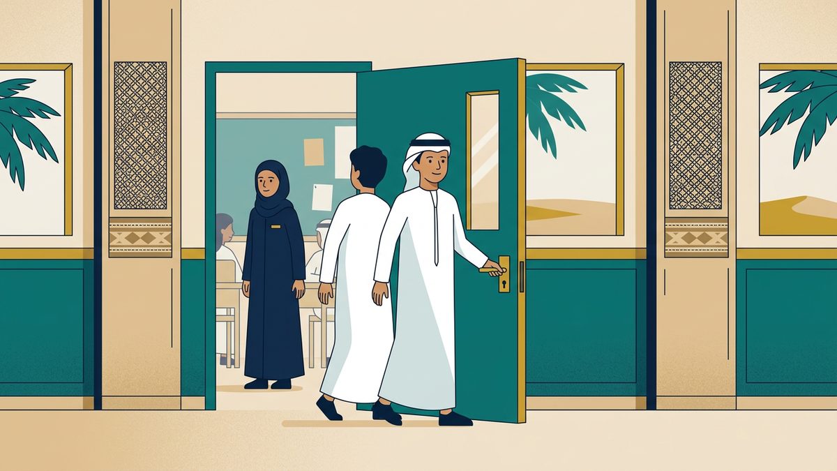 رسم توضيحي بهوية إماراتية لموقف: الخروج من الفصل أثناء الحصة دون إذن