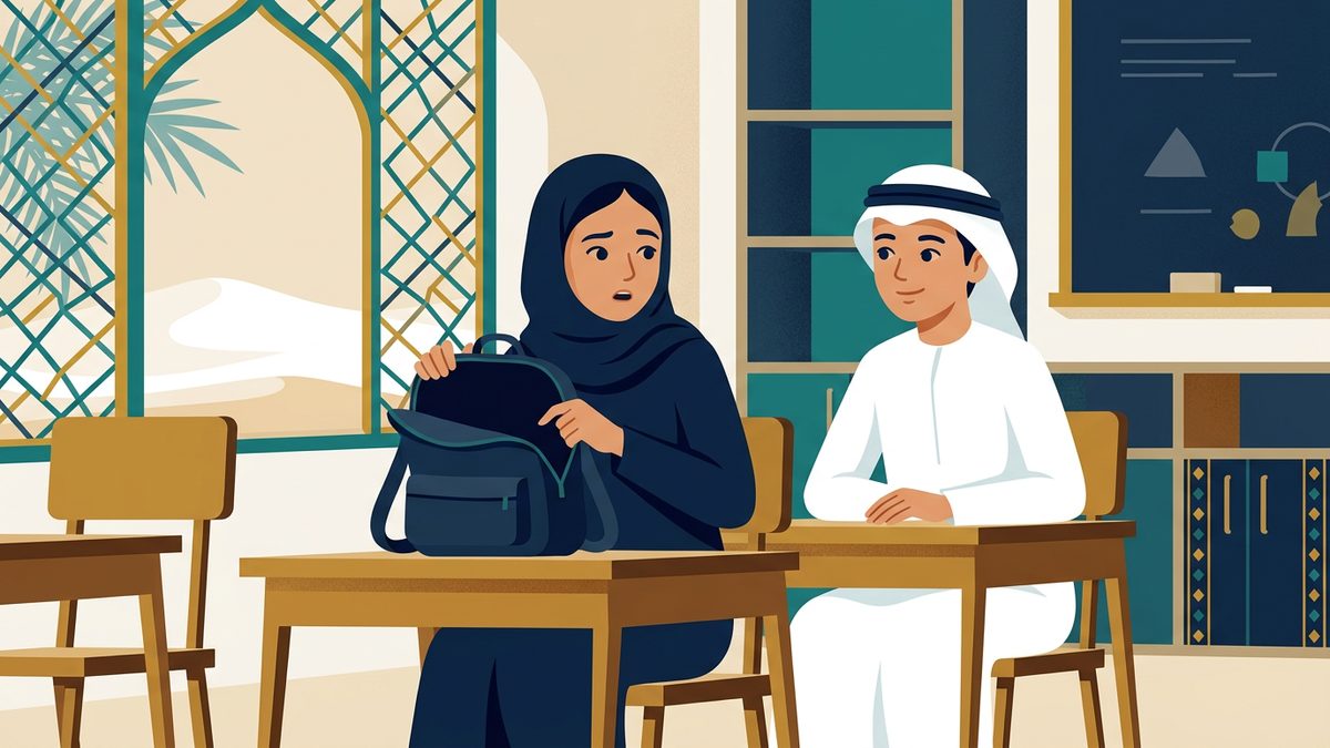 رسم توضيحي بهوية إماراتية لموقف: عدم إحضار الكتب والأدوات