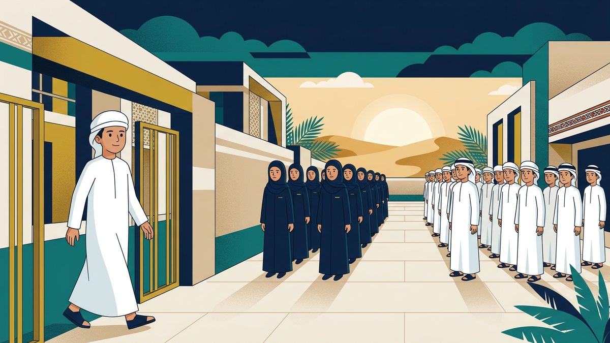 رسم توضيحي بهوية إماراتية لموقف: التأخر عن الطابور الصباحي