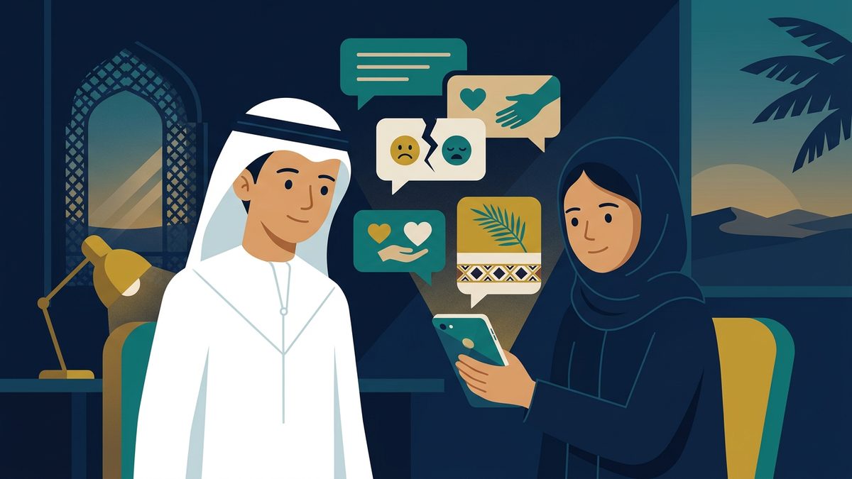 رسم توضيحي بهوية إماراتية لموقف: التشهير والإساءة عبر وسائل التواصل