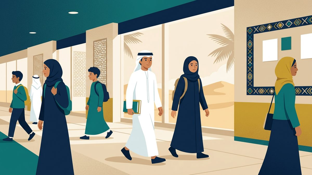 رسم توضيحي بهوية إماراتية لموقف: الالتزام بالآداب العامة والنظام العام