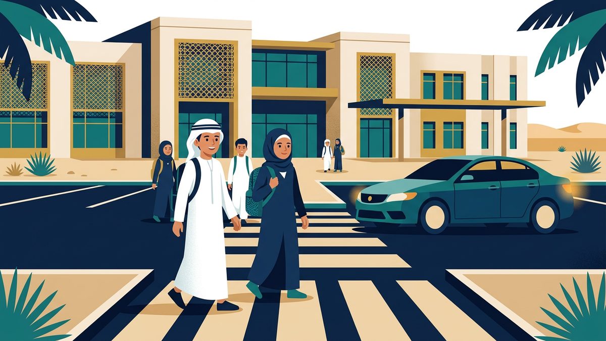 رسم توضيحي بهوية إماراتية لموقف: قيادة المركبة بتهور قرب المدرسة