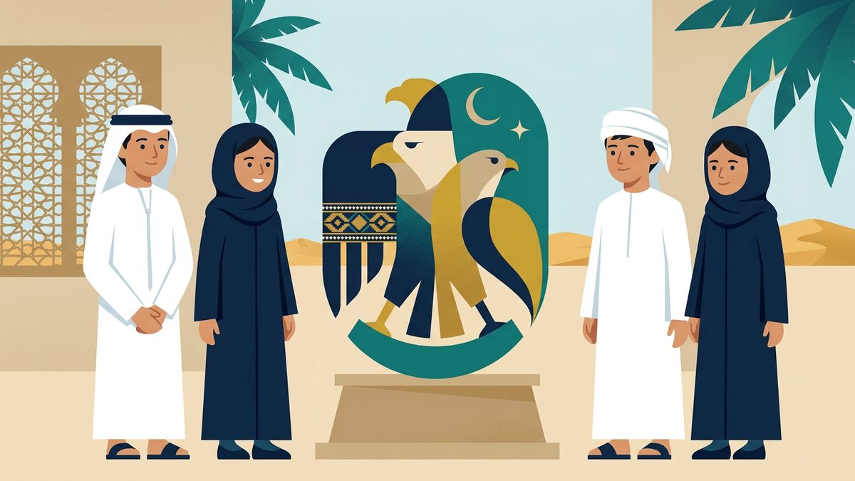 رسم توضيحي بهوية إماراتية لموقف: احترام الرموز الوطنية والاجتماعية