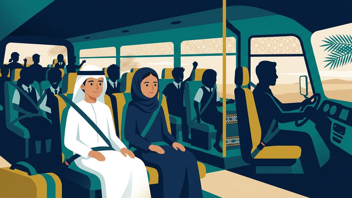 رسم توضيحي بهوية إماراتية لموقف: العبث بالحافلة المدرسية وإيذاء السائق