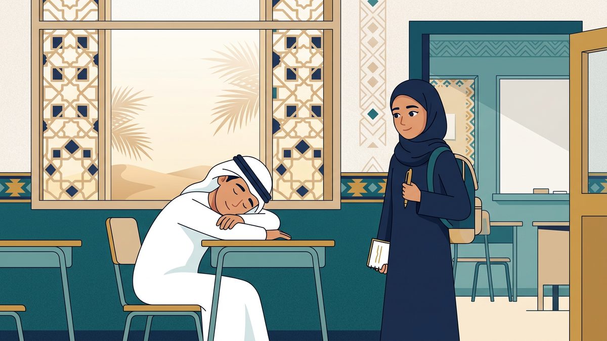 رسم توضيحي بهوية إماراتية لموقف: النوم أثناء الحصة