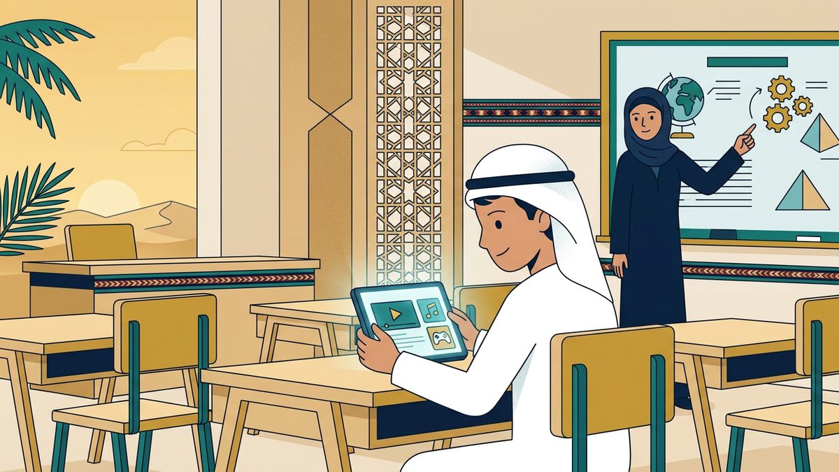 رسم توضيحي بهوية إماراتية لموقف: سوء استعمال الجهاز اللوحي في الحصة