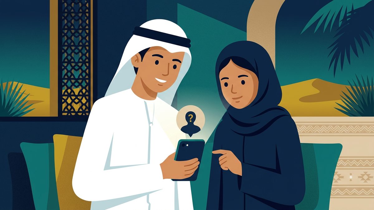 رسم توضيحي بهوية إماراتية لموقف: استعمال وسائل التواصل في أغراض غير مشروعة