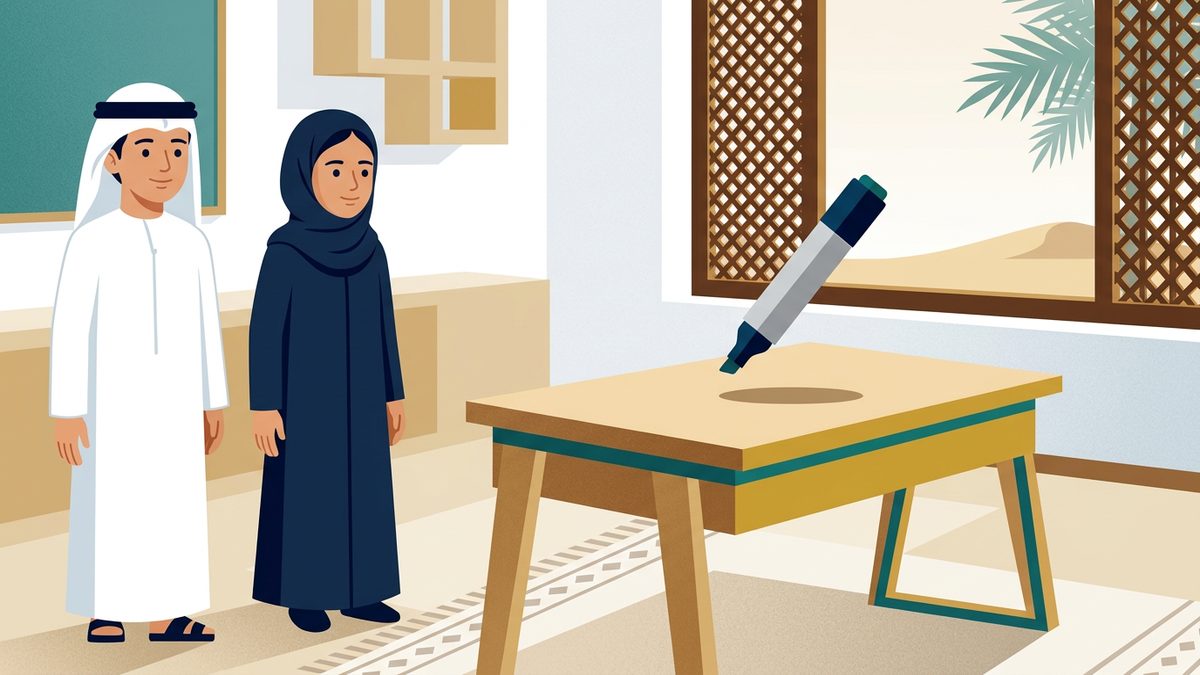 رسم توضيحي بهوية إماراتية لموقف: الكتابة على الأثاث والعبث بالأجراس والمصعد